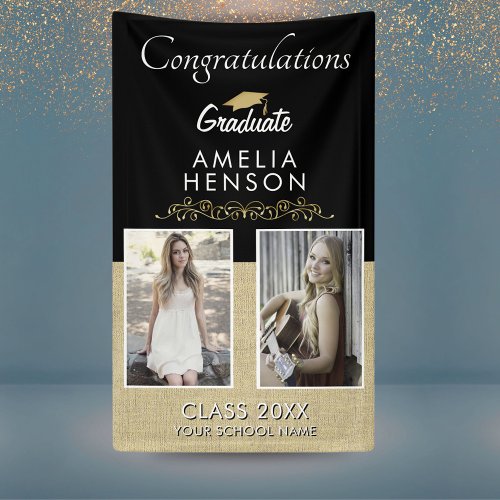 Elegant Gold Ornament Graduate 2 Photo Graduation Banner