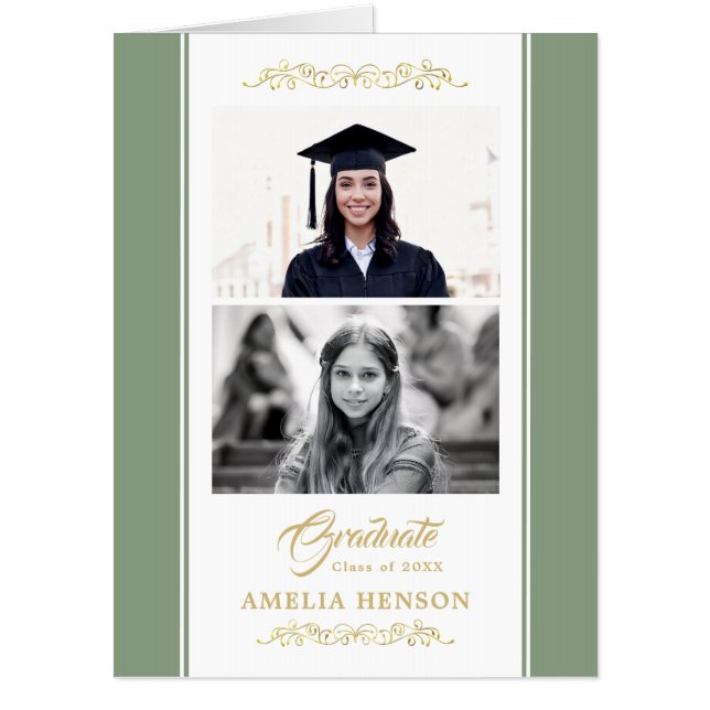 Elegant Gold Ornament Graduation 2 Photo Big Giant Card (Front)