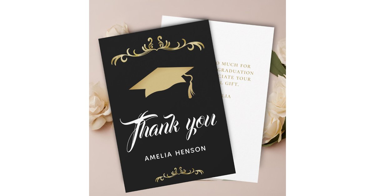 Elegant Gold Ornament Graduation Cap Thank You Card | Zazzle