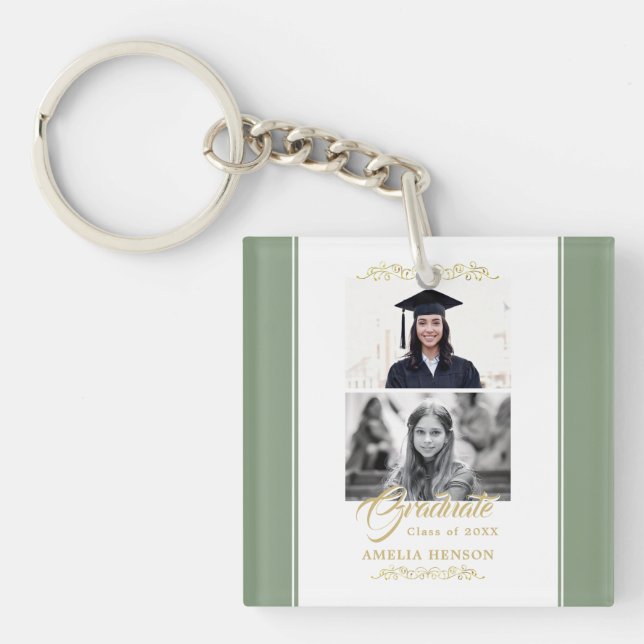 Elegant Gold Ornament Graduation Party 2 Photo  Keychain (Front)