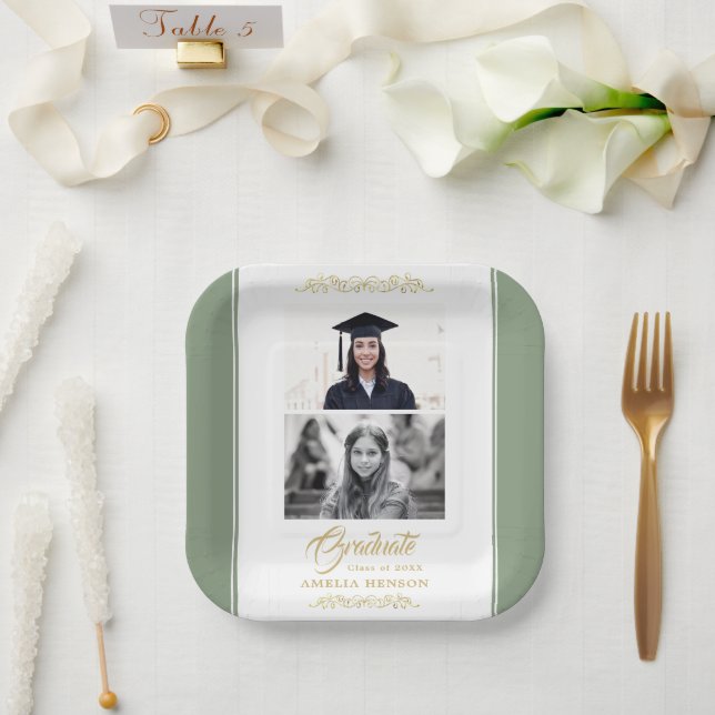 Elegant Gold Ornament Graduation Party 2 Photo  Paper Plates (Wedding)