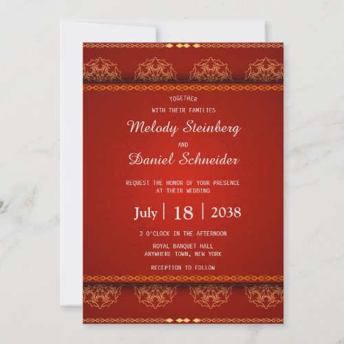 Elegant Gold Ornamental Border on Deep Red Wedding Invitation