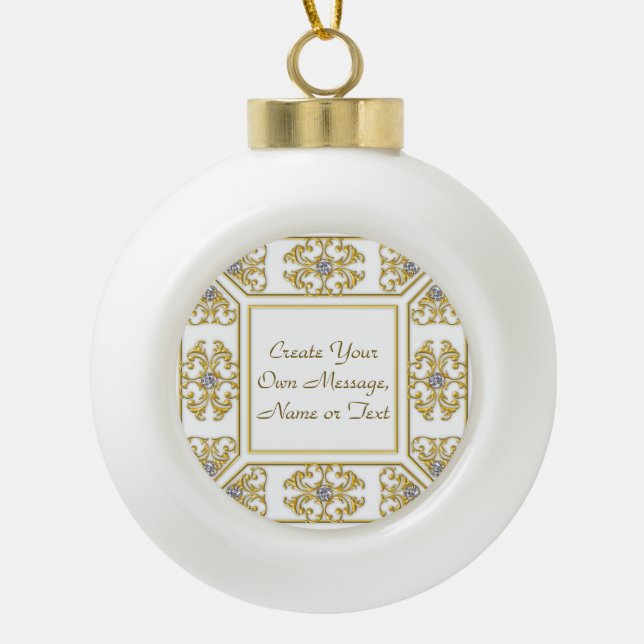 Elegant Gold Ornamental Border with Diamond Accent Ceramic Ball Christmas Ornament (Front)