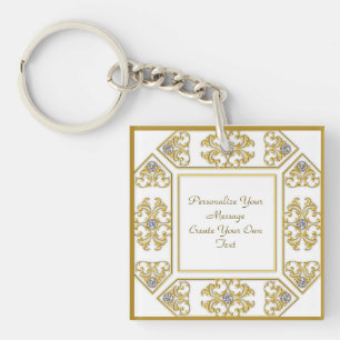 Elegant Gold Ornamental Border with Diamond Accent Keychain