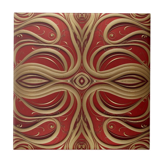 Elegant Gold Ornamental Design on Red Background Ceramic Tile (Front)