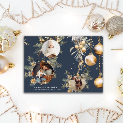 Elegant Gold Ornaments blue Christmas Card