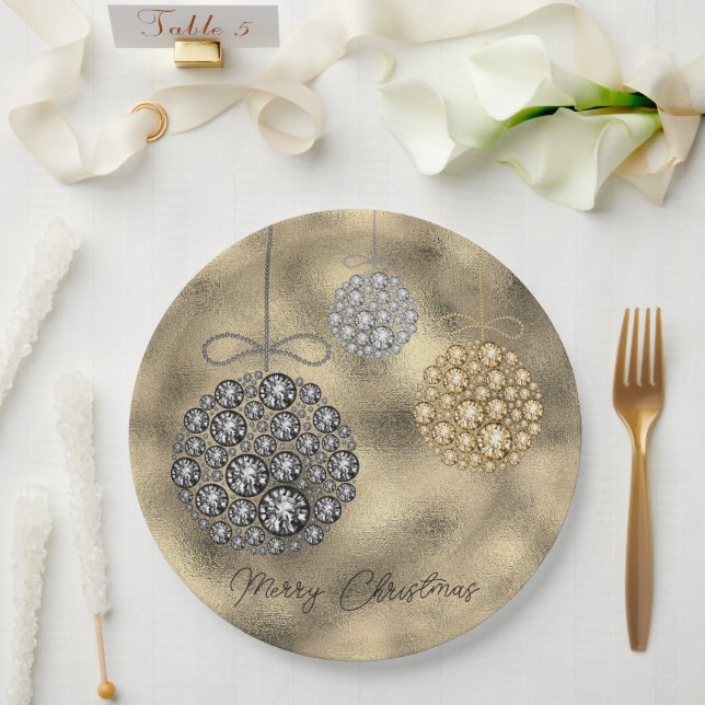 Elegant Gold Ornaments Merry Christmas  Paper Plates (Wedding)