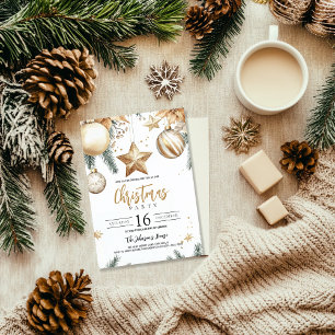 Elegant Gold Ornaments Poinsettia Christmas Party Invitation