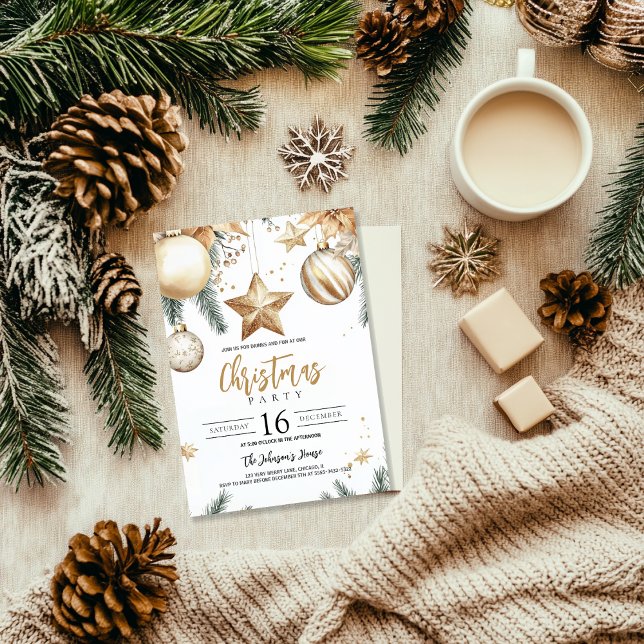 Elegant Gold Ornaments Poinsettia Christmas Party  Invitation (Creator Uploaded)