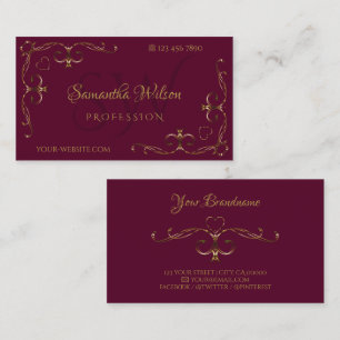 Elegant Gold Ornate Corners with Initials Burgundy Business Card