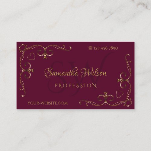Elegant Gold Ornate Corners with Initials Burgundy Business Card