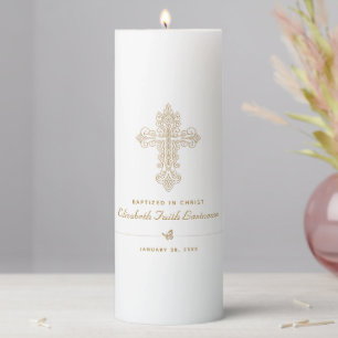 Elegant Gold Ornate Cross Baptism Pillar Candle