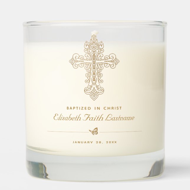 Elegant Gold Ornate Cross Baptism Scented Candle (Front)