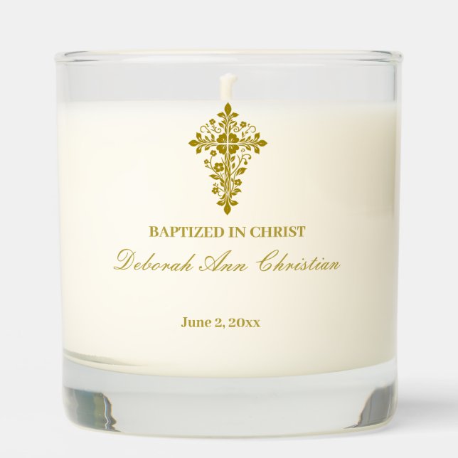 Elegant Gold Ornate Cross Baptism Scented Candle (Front)
