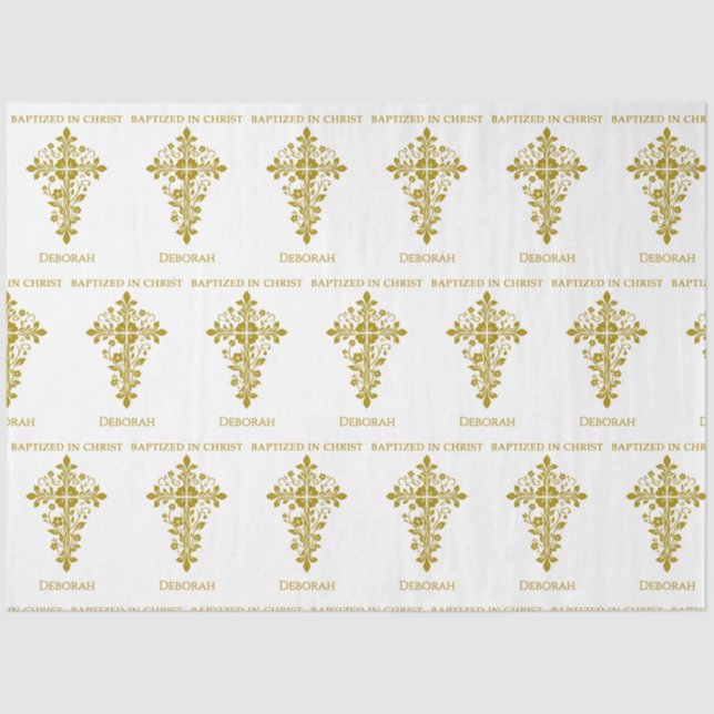 Elegant Gold Ornate Cross Baptism Tissue Paper (Front)