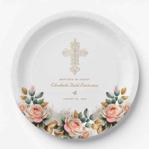 Elegant Gold Ornate Cross Floral Baptism Paper Plates