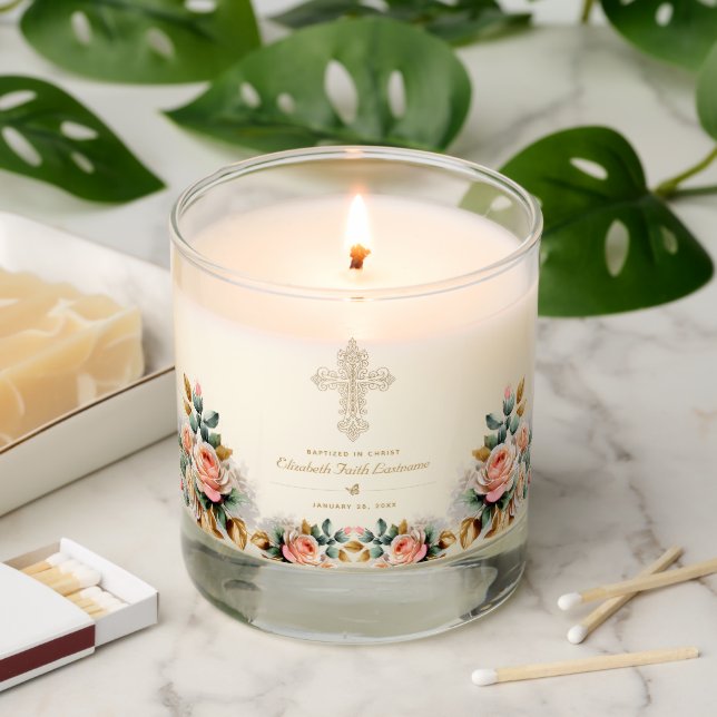 Elegant Gold Ornate Cross Floral Baptism Scented Candle (Lit)