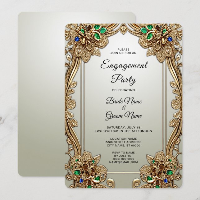 Elegant Gold Ornate Engagement Invitation (Front/Back)