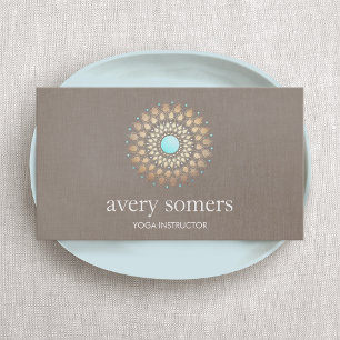 Elegant Gold Ornate Lotus Mandala Taupe Linen Look Business Card