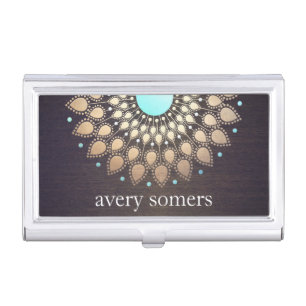 Elegant Gold Ornate Lotus Mandala Wood Business Card Case