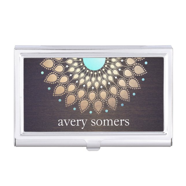 Elegant Gold Ornate Lotus Mandala Wood Business Card Case (Front)