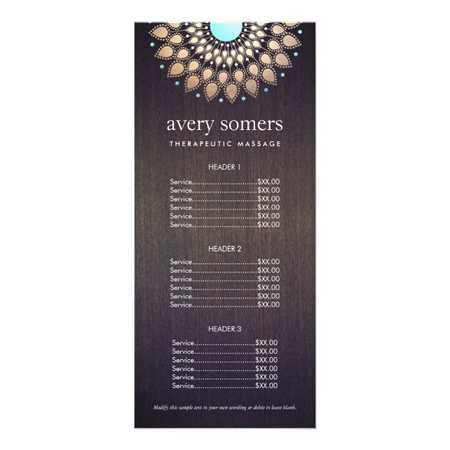 Elegant Gold Ornate Lotus Mandala Wood Price List Rack Card (Front)
