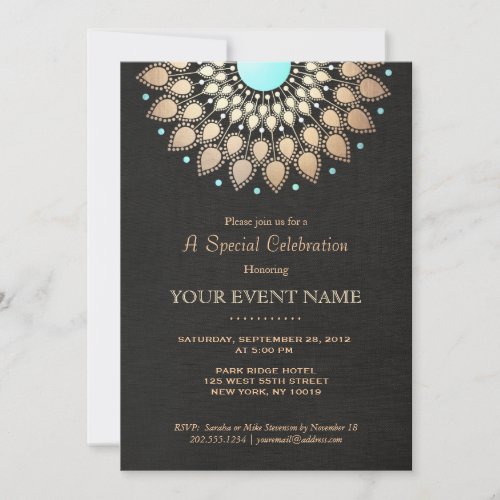Elegant Gold Ornate Motif Black Linen Look Formal Personalized Invitations