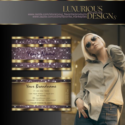 Elegant Gold Ornate Purple Glitter Sparkle Stars  Business Card
