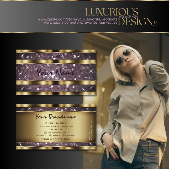 Elegant Gold Ornate Purple Glitter Sparkle Stars  Business Card (Creator Uploaded)