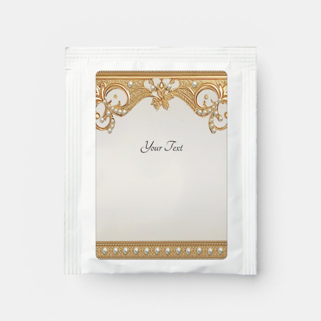 Elegant Gold Ornate White Pearls Tea Bag Drink Mix (Front)