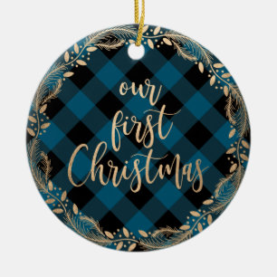 Elegant gold our first Christmas as Mr & Mrs photo Ceramic Ornament