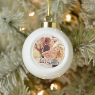 Elegant Gold Our First Christmas Mr n Mrs Photo Ceramic Ball Christmas Ornament