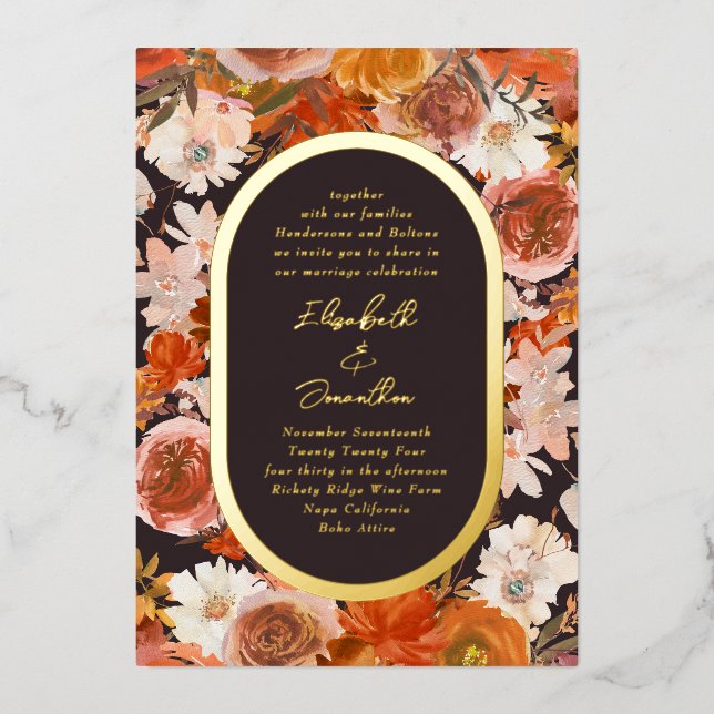 Elegant Gold Oval Frame Floral Midnight Wedding Foil Invitation (Front)