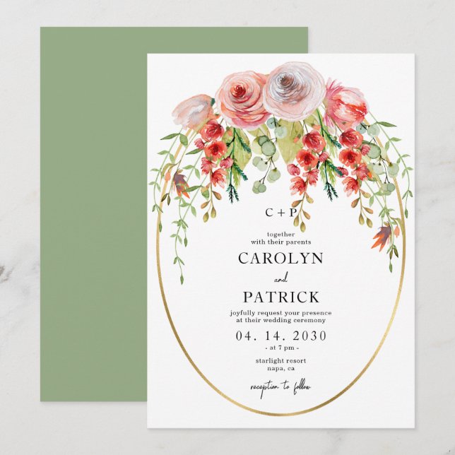 Elegant Gold Oval Frame Garden Floral Wedding  Invitation (Front/Back)