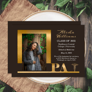 Elegant Gold PA Caduceus 1 Photo Brown Grad Announcement