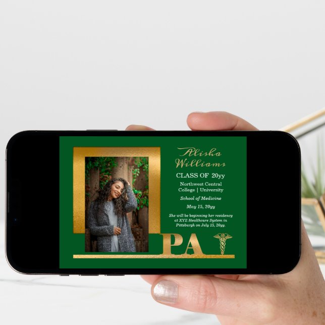 Elegant Gold PA Caduceus 1 Photo Dk Green Grad Announcement (Front Digital)
