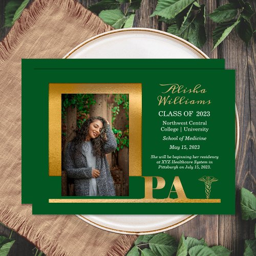 Elegant Gold PA Caduceus 1 Photo Dk Green Grad Announcement