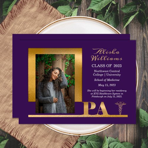 Elegant Gold PA Caduceus 1 Photo Dk Purple Grad Announcement