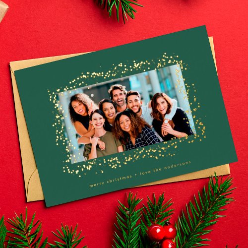 elegant gold paint red green christmas photo frame foil holiday card