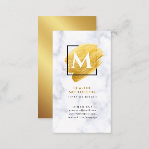  Elegant Gold Paint Swash Marble Monogram Business Card