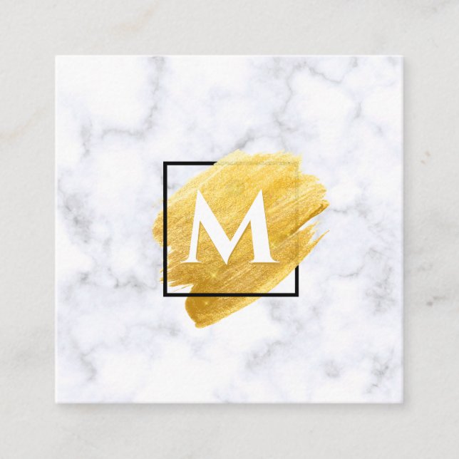  Elegant Gold Paint Swash Marble Monogram Square Business Card (Front)