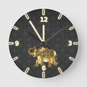 Elegant Gold Paisley Elephant,Black Damask Round Clock