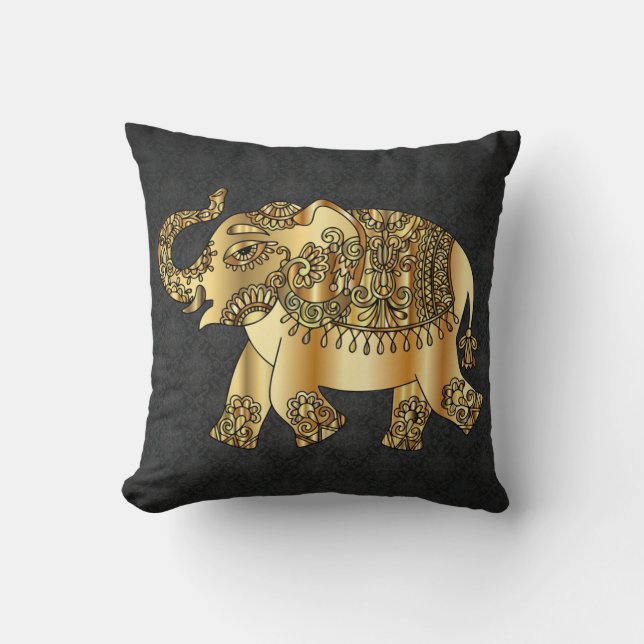 Elegant Gold Paisley Elephant,Black Damask Throw Pillow (Front)