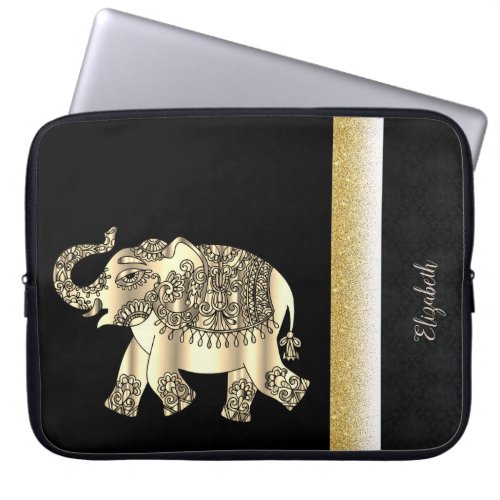 Elegant Gold Paisley ElephantDamask _Personalized Laptop Sleeve