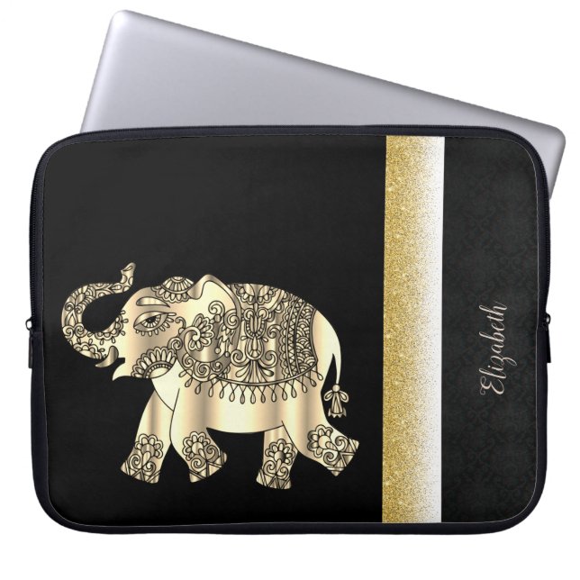 Elegant Gold Paisley Elephant,Damask -Personalized Laptop Sleeve (Front)