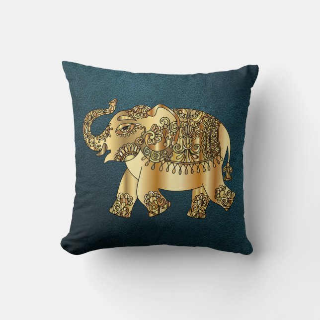 Elegant Gold Paisley Elephant,Green Leather Look  Throw Pillow (Front)