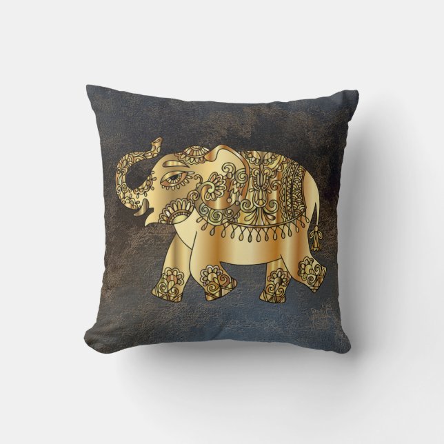 Elegant Gold Paisley Elephant, Leather Look Throw Pillow (Front)