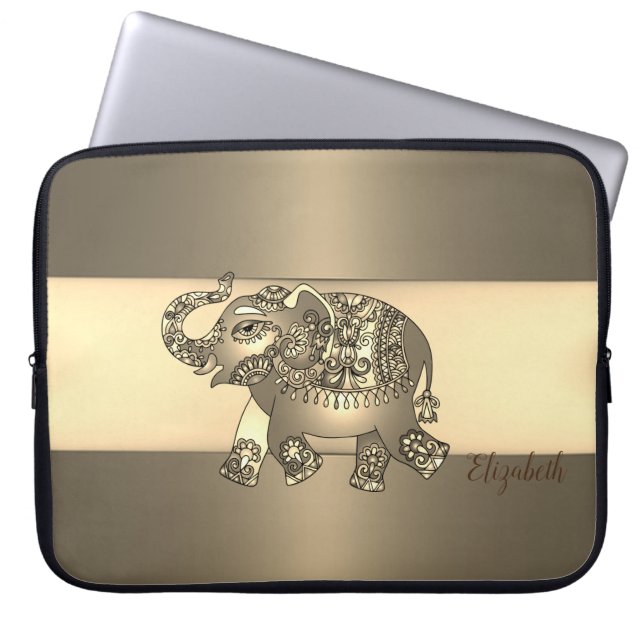 Elegant Gold Paisley Elephant -Personalized Laptop Sleeve (Front)