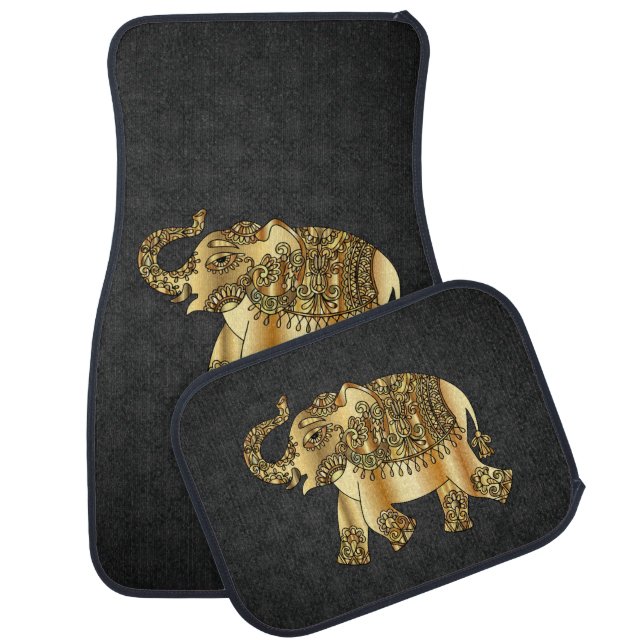Elegant Gold Paisley Floral Elephant,Black Damask Car Floor Mat (Set)