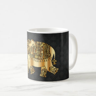 Elegant Gold Paisley Floral Elephant, Black Damask Coffee Mug
